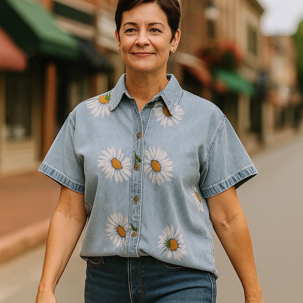 Lemon Grass Women’s Medium Vintage Denim Cottagecore Daisy Print Blouse
